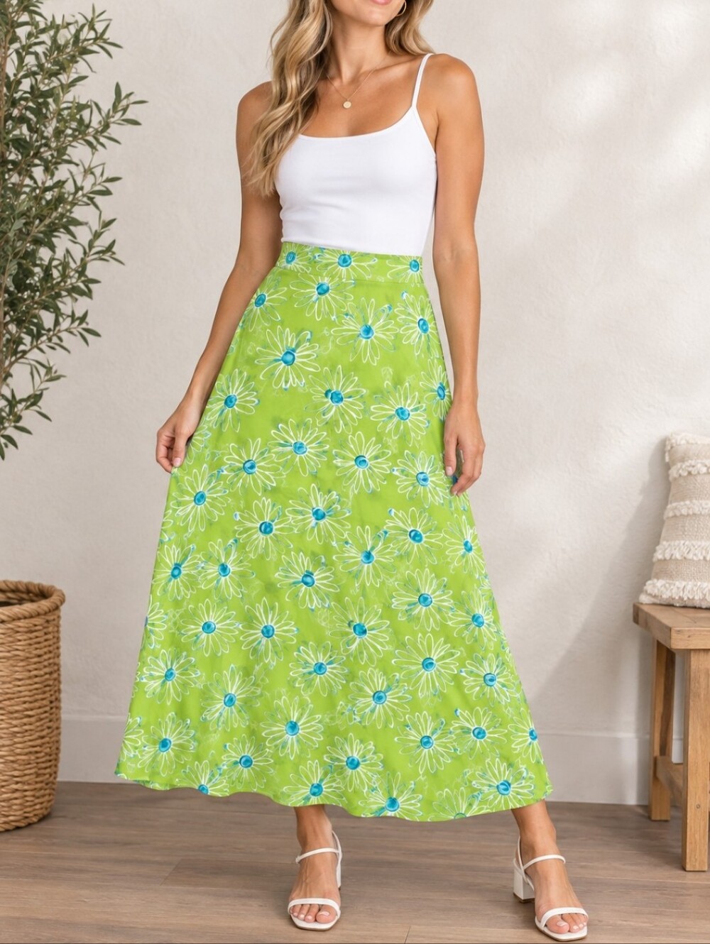 Maurices Midi Skirt Womens 6 Lime Green All Over White Daisy Blue Floral Print